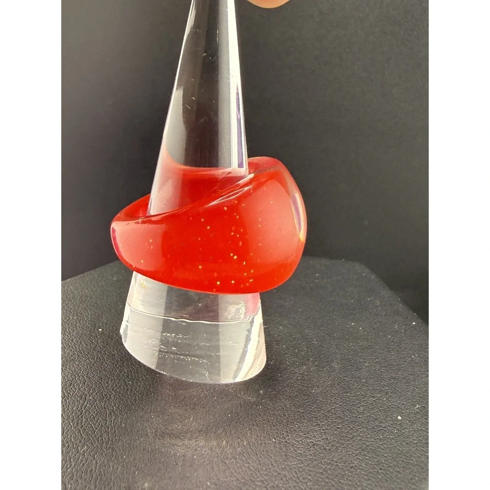 Vintage Ring Red Acrylic Gold Flake Chunky Dome Size 10